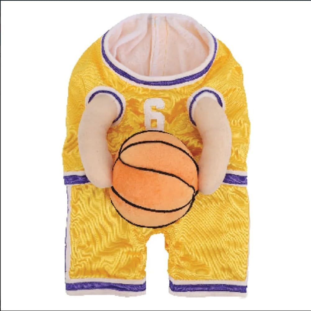 Yellow and purple SlamDunk dog basketball costume jersey jumpsuit with number 6, flat lay product photo