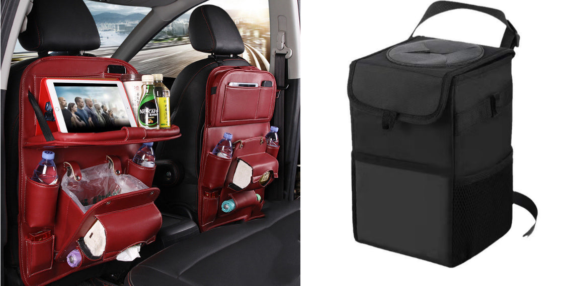 Wine red RoadTrip car backseat organizer paired with matching black collapsible car trash can