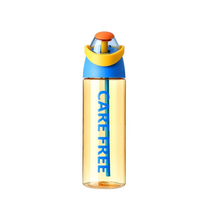 HydroFlow orange water bottle with blue and yellow flip lid on white background