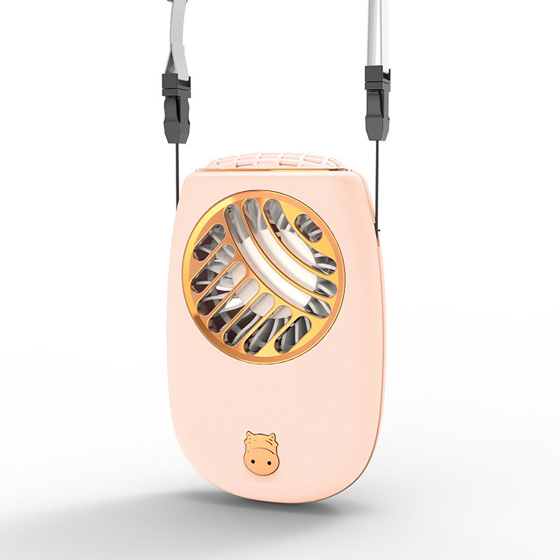 Pink BreezeGo portable neck fan with gold trim and cat charm, close-up