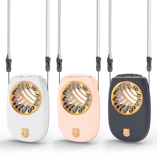 BreezeGo portable neck fans in white, pink, and navy blue with cat charm