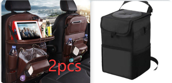 Coffee brown RoadTrip car backseat organizer 2-piece set paired with matching black collapsible car trash can