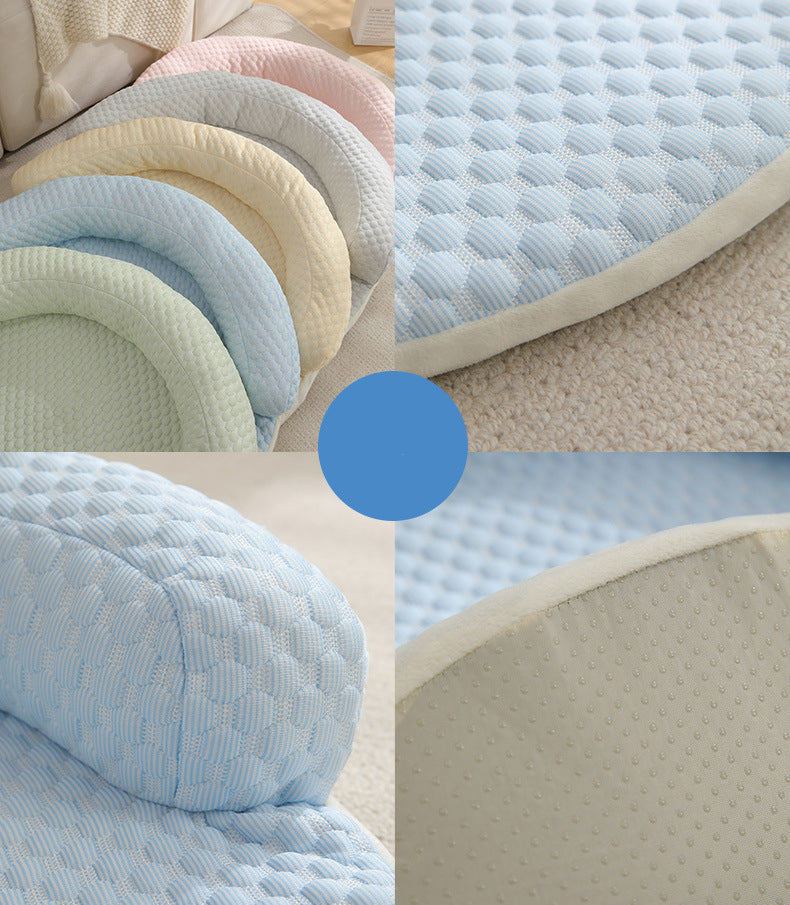 Close-up collage of CoolPaws cooling mat fabric texture in blue, pink, cream, and tan colors