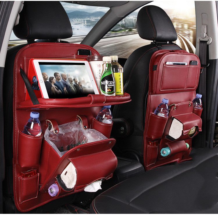 Wine red RoadTrip car backseat organizer set on both front seats with tablet tray and drink pockets