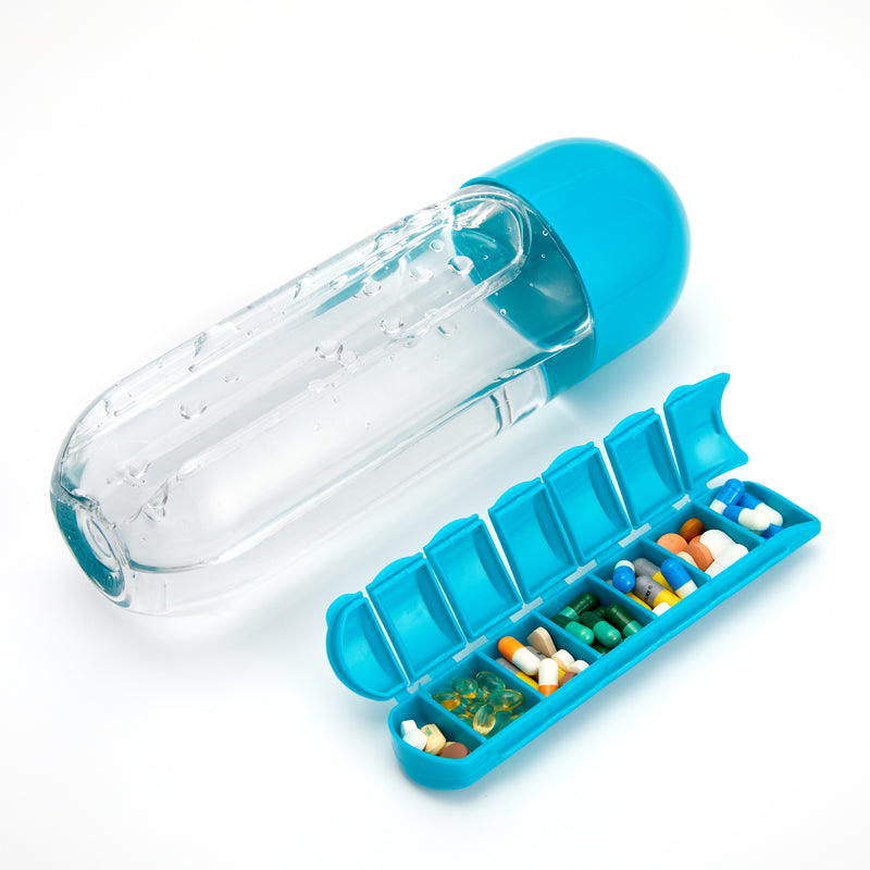 Teal water bottle detached from its 7-day pill organizer compartment, showing the 2-in-1 design