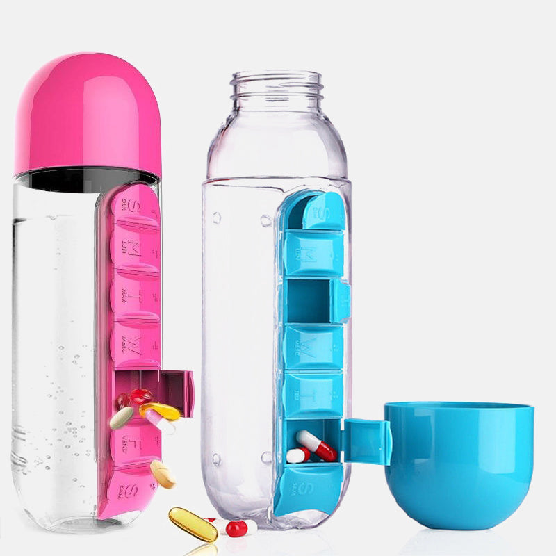 DailyDose 2-in-1 pillbox water bottle in pink and blue with built-in pill compartments and cup
