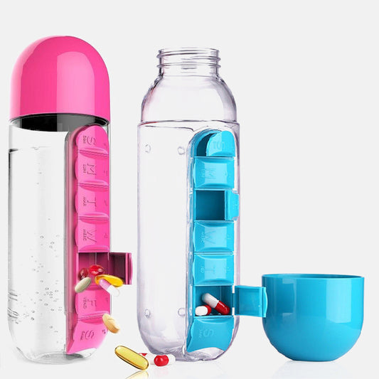 DailyDose 2-in-1 pillbox water bottle in pink and blue with built-in pill compartments and cup