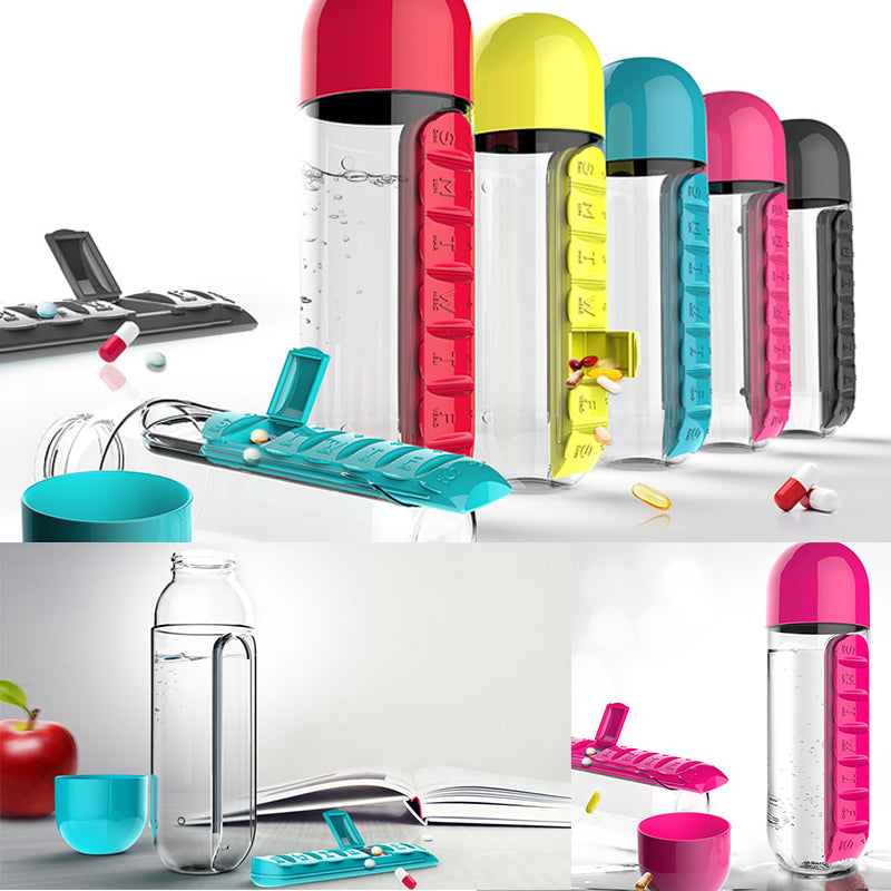 Collage of DailyDose pillbox water bottles in multiple colors styled with fruit and a notebook for a lifestyle look
