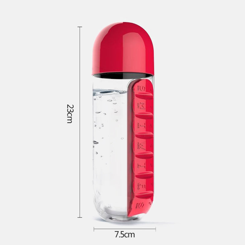 Red DailyDose pillbox water bottle showing dimensions, 23cm tall and 7.5cm wide