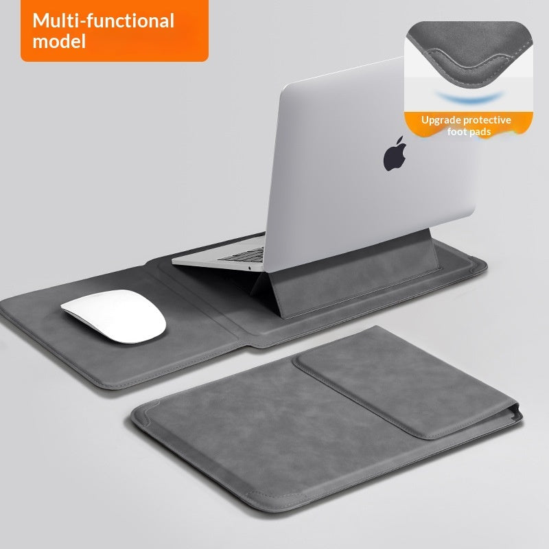 DeskPro laptop sleeve unfolded as stand with laptop propped up, gray