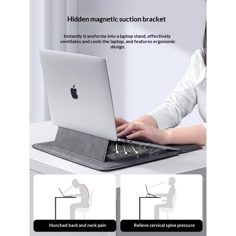 DeskPro laptop stand hidden magnetic bracket, ergonomic posture infographic