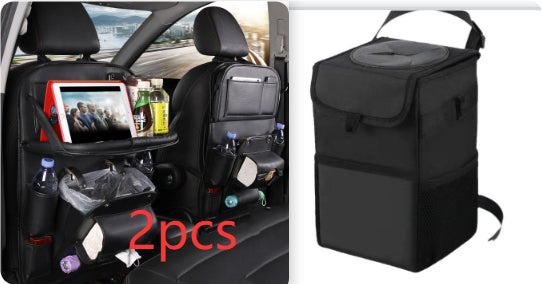 Black RoadTrip car backseat organizer 2-piece set paired with matching black collapsible car trash can