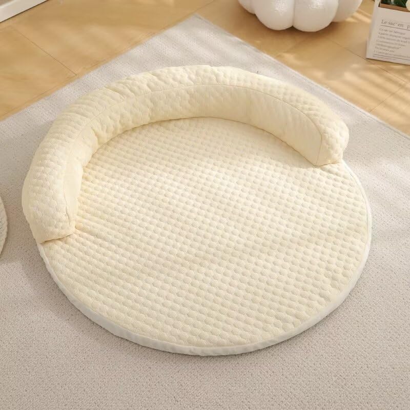 Cream quilted CoolPaws round pet cooling mat on light rug