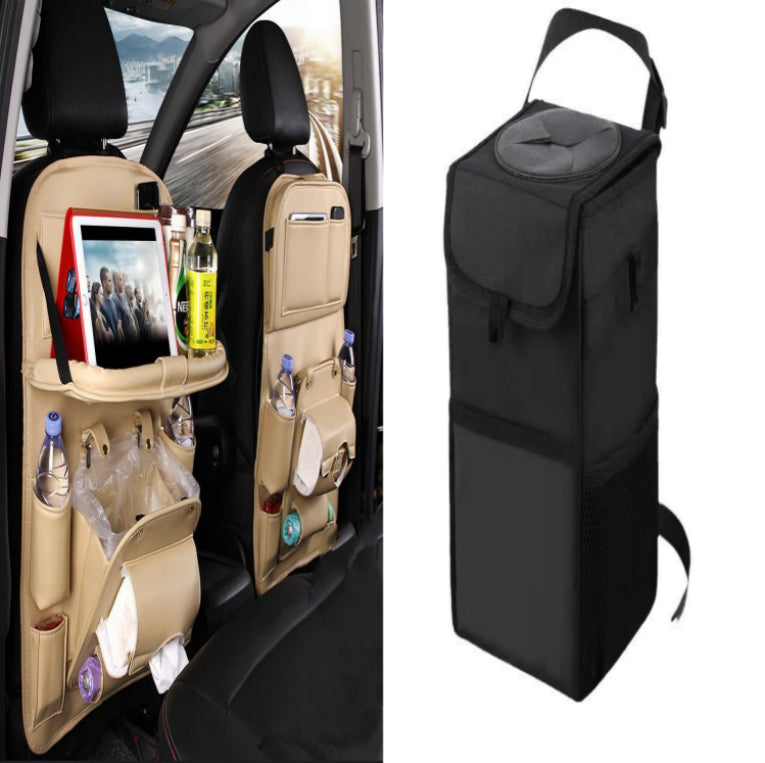 Beige RoadTrip car backseat organizer installed in car next to matching collapsible car trash can
