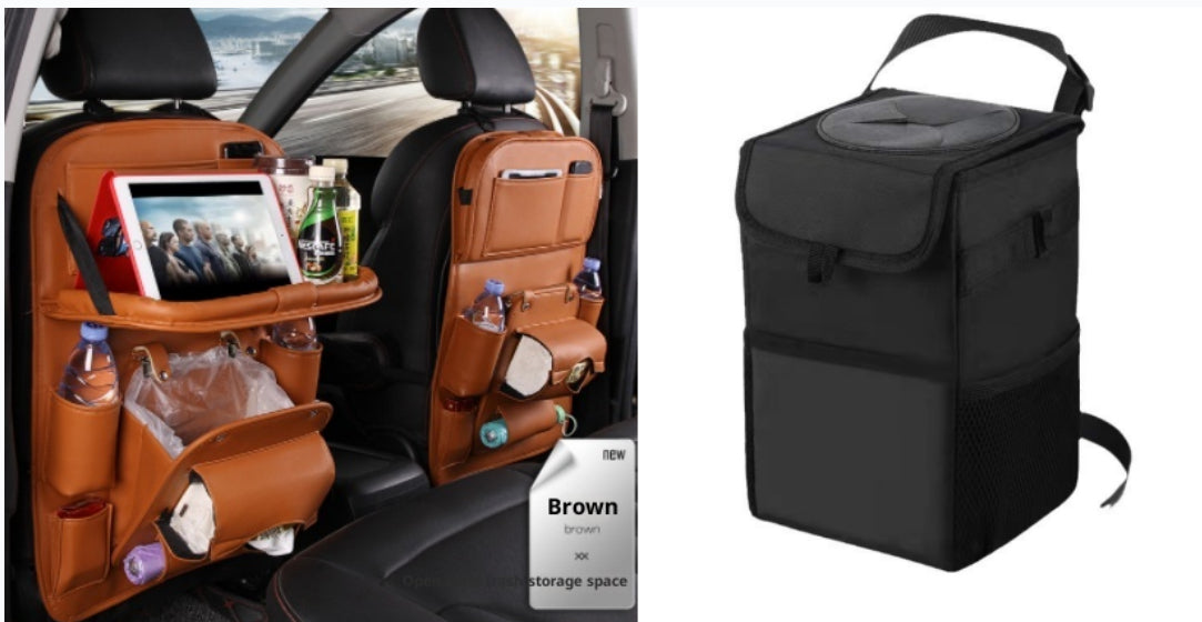 Brown RoadTrip car backseat organizer paired with matching black collapsible car trash can