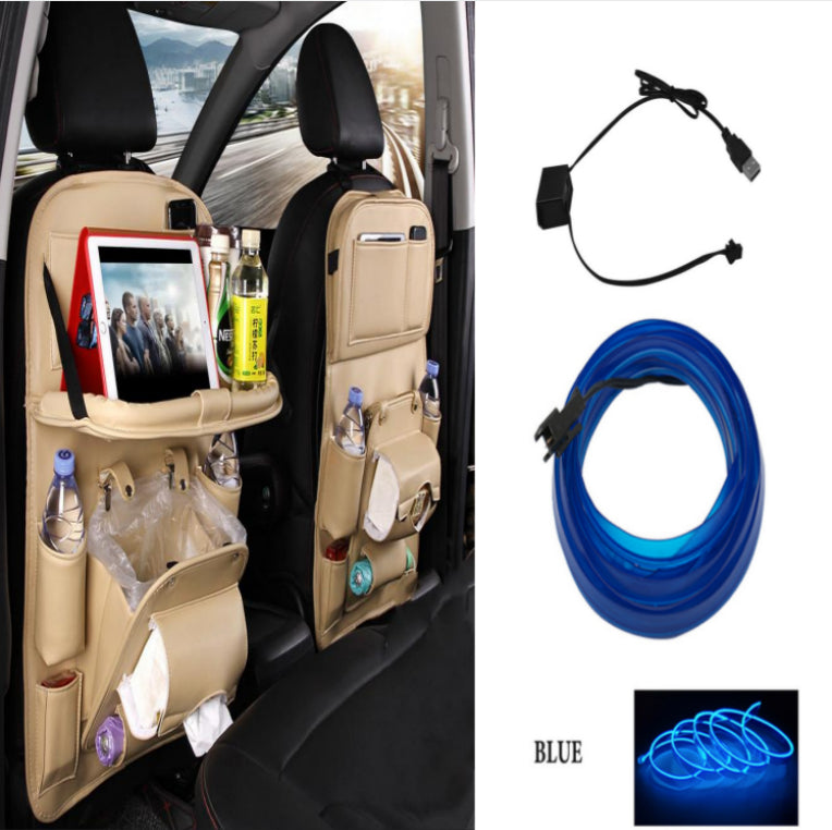 Beige RoadTrip car backseat organizer with included blue USB LED strip light accessory
