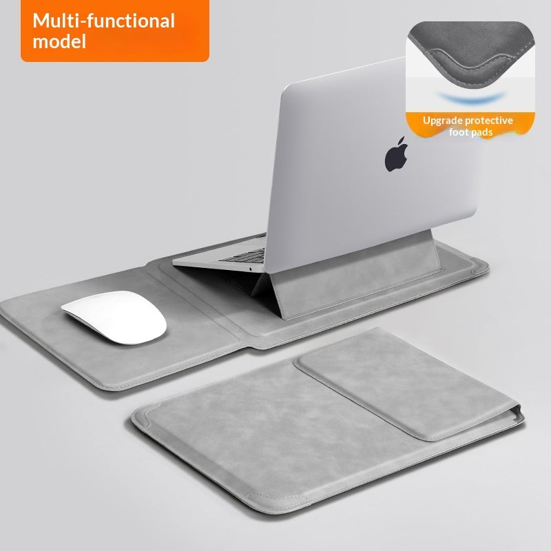 Light gray DeskPro laptop sleeve and mouse pad set with laptop stand mode