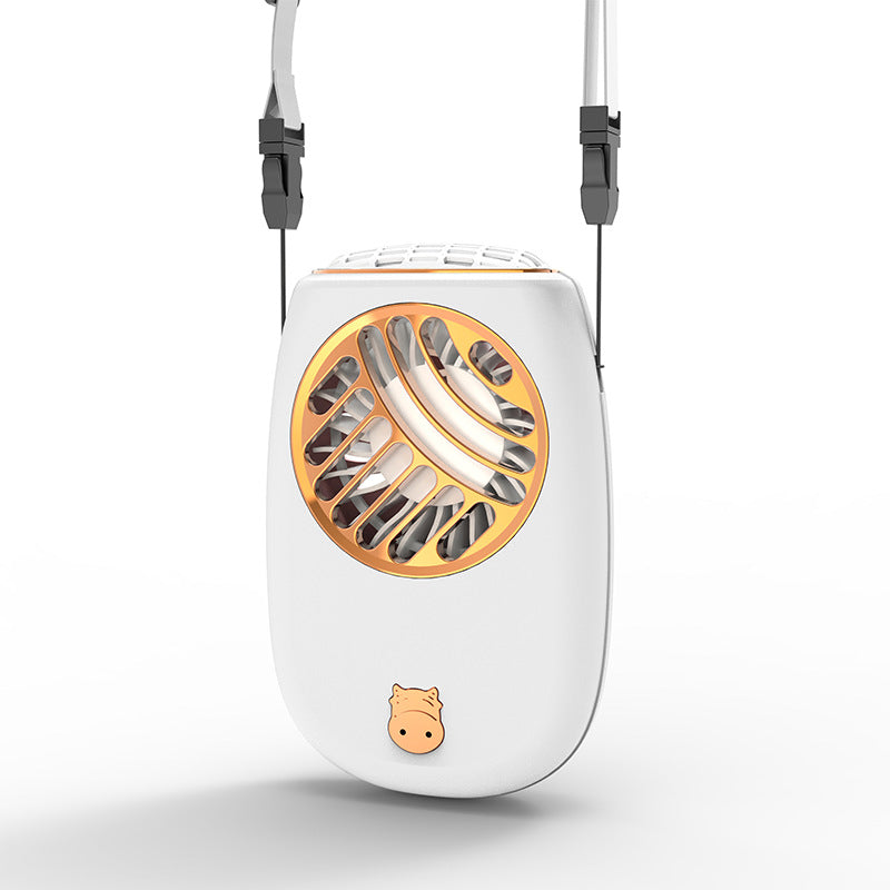 White BreezeGo portable neck fan with gold trim and cat charm, close-up