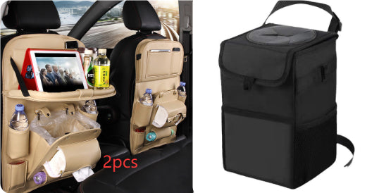 Beige RoadTrip car backseat organizer 2-piece set paired with matching black collapsible car trash can