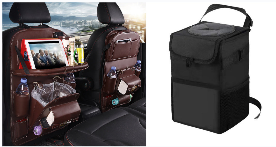 Dark brown RoadTrip car backseat organizer paired with matching black collapsible car trash can