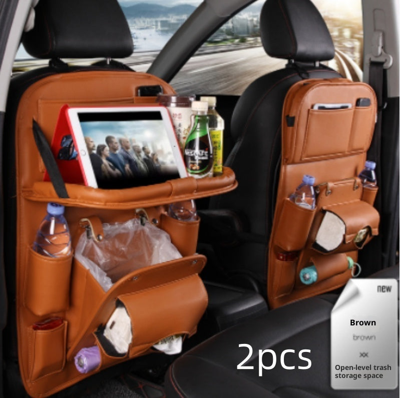 Brown RoadTrip car backseat organizer 2-piece set with open-level trash storage space installed on front seats