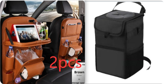 Brown RoadTrip car backseat organizer 2-piece set paired with matching black collapsible car trash can