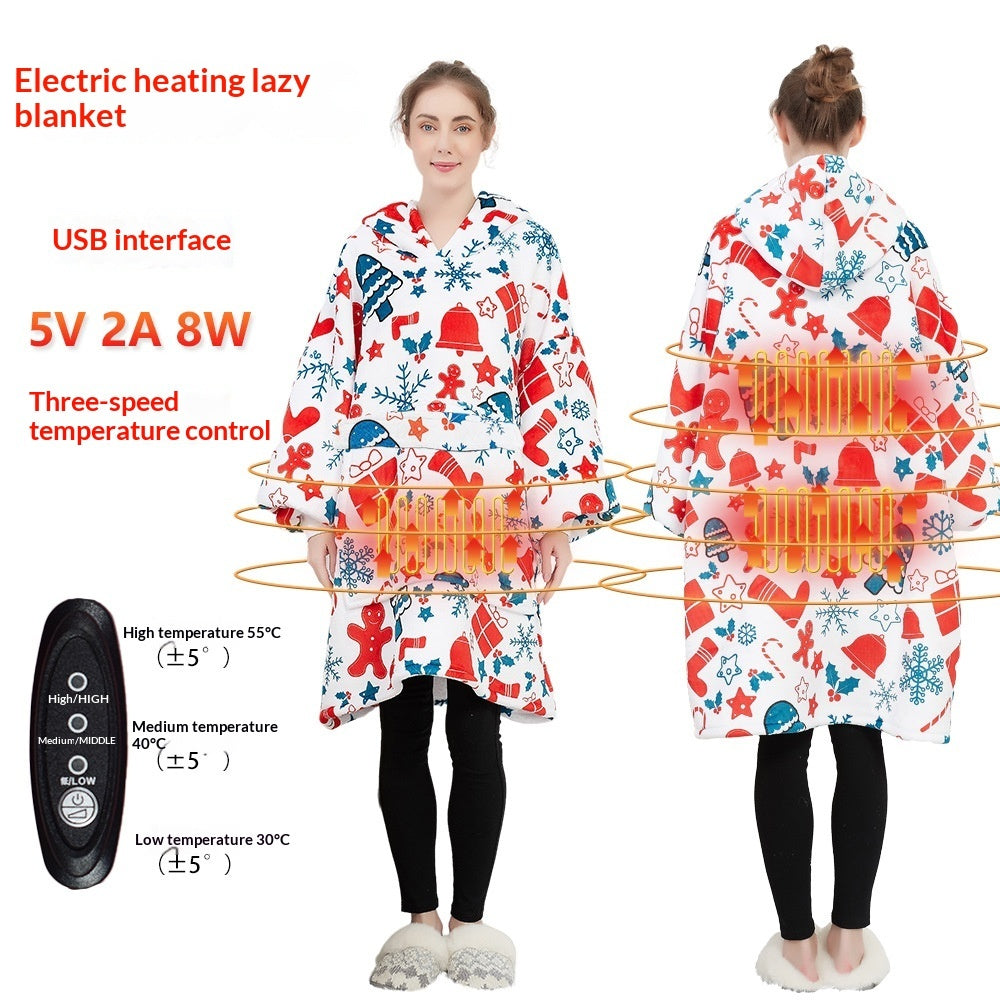 Infographic of CozyGlow heated hoodie blanket in holiday print showing USB interface, three-speed temperature control, and front/back heating zones