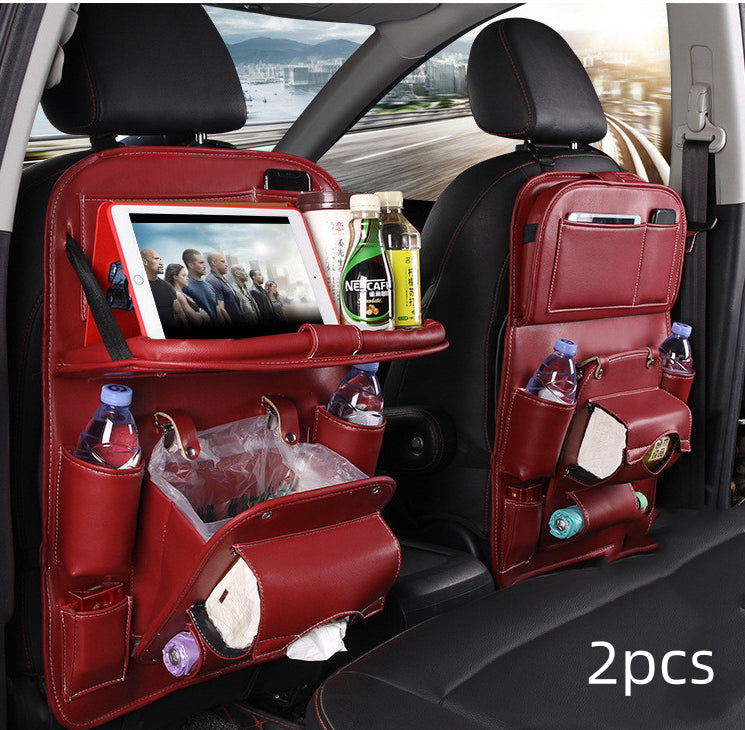 Wine red RoadTrip car backseat organizer 2-piece set installed on front seats with tablet tray and trash bag