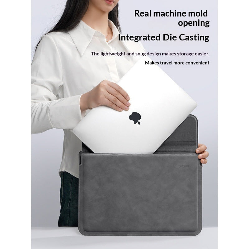 Woman placing laptop into gray DeskPro sleeve, lightweight snug design