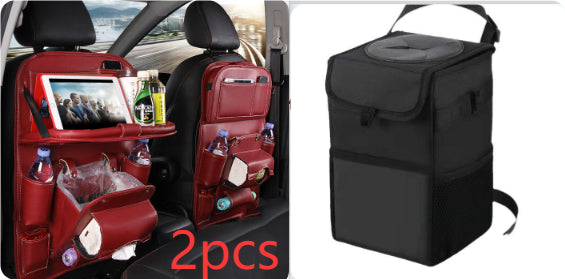 Wine red RoadTrip car backseat organizer 2-piece set paired with matching black collapsible car trash can