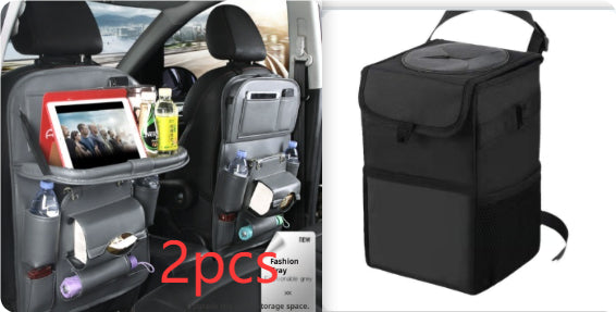 Fashion Gray RoadTrip car backseat organizer 2-piece set paired with matching black collapsible car trash can