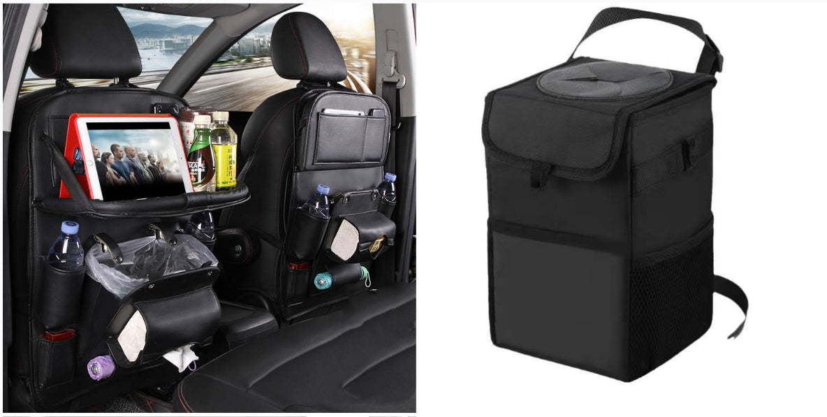 Black RoadTrip car backseat organizer installed in car next to matching collapsible car trash can with mesh side pocket