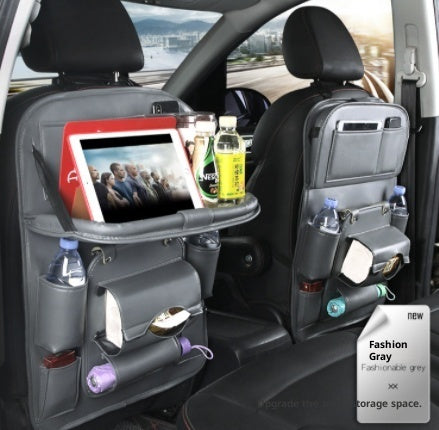 Fashion Gray RoadTrip car backseat organizer installed on car seat with tablet tray and storage pockets