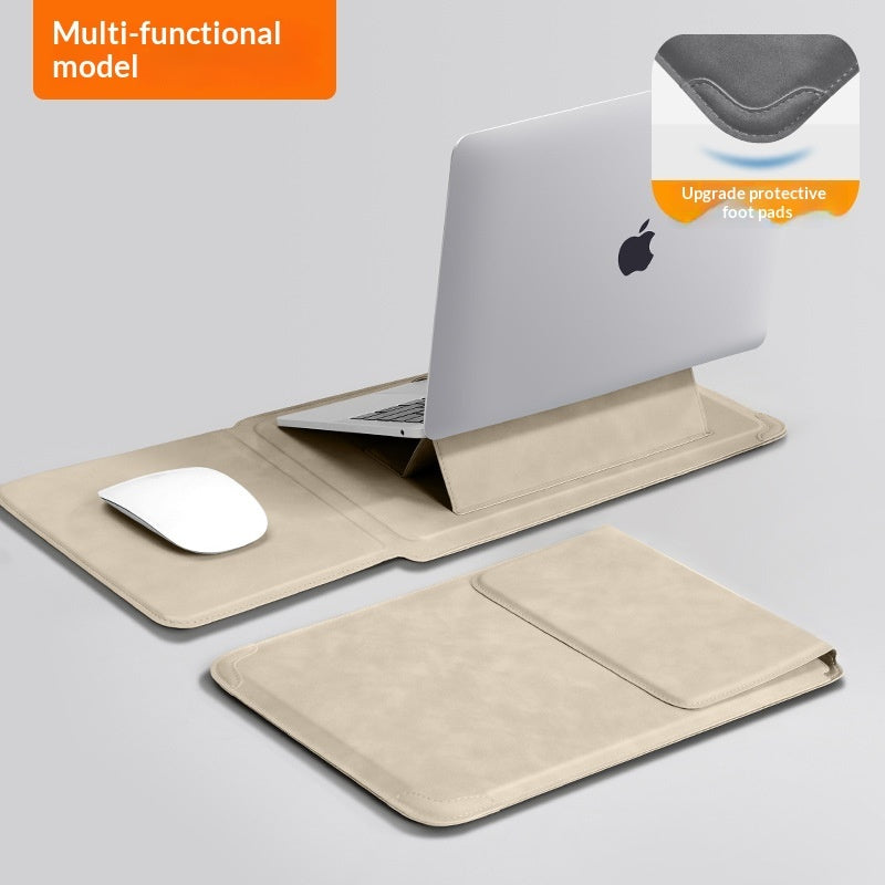 Beige DeskPro laptop sleeve unfolded as stand with laptop propped up