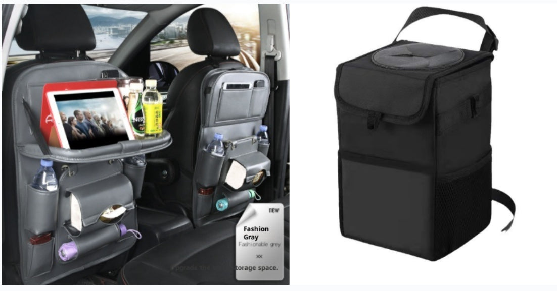Fashion Gray RoadTrip car backseat organizer paired with matching black collapsible car trash can